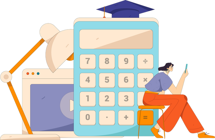 Student calculates Mathematical sums on calculator  Illustration