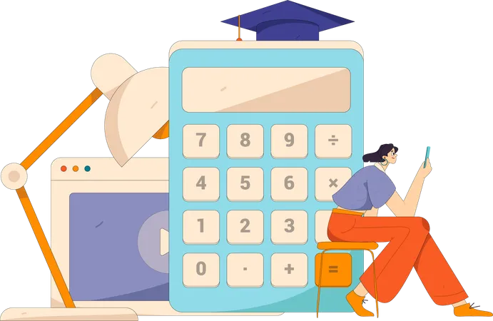 Student calculates Mathematical sums on calculator  Illustration