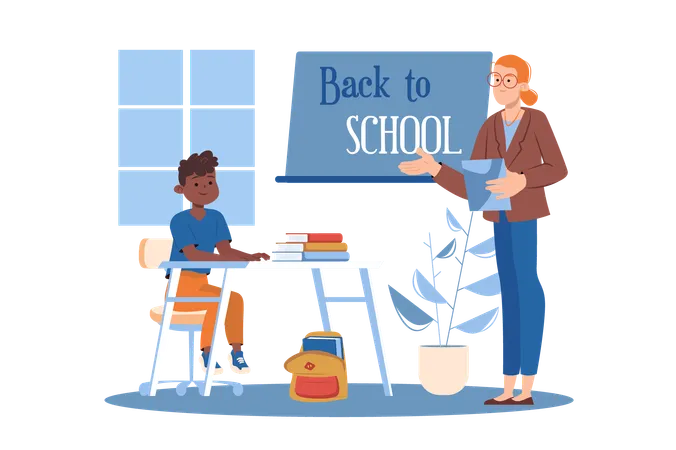 Back To School Blue Concept With People Scene In The Flat Cartoon Design Illustration