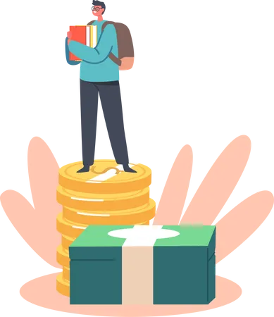 Savings Or Loan For Education Tiny Student Male Character With Backpack And Books Stand On Huge Pile Of Coins Or Paper Currency Bills Young Man Collect Money For Pension Cartoon Vector Illustration 일러스트레이션