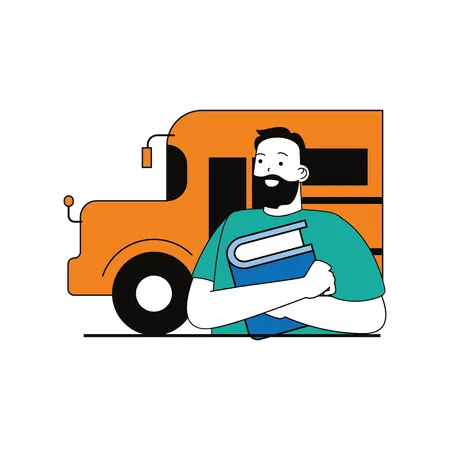 Student coming to school by bus  Illustration
