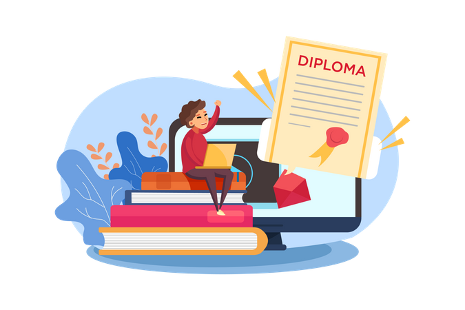 Student completed his diploma online  Illustration