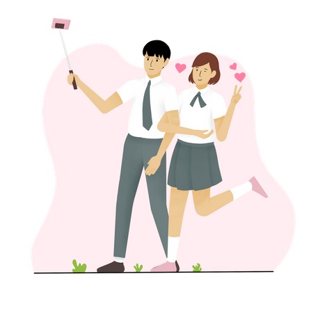 Student couple taking selfie using selfie stick  Illustration