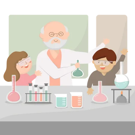 The School Has Opened The Semester Students Have Returned To Study Subjects Chemistry Professor Teaching Children About Various Chemicals Results Obtained And Various Precautions Illustration