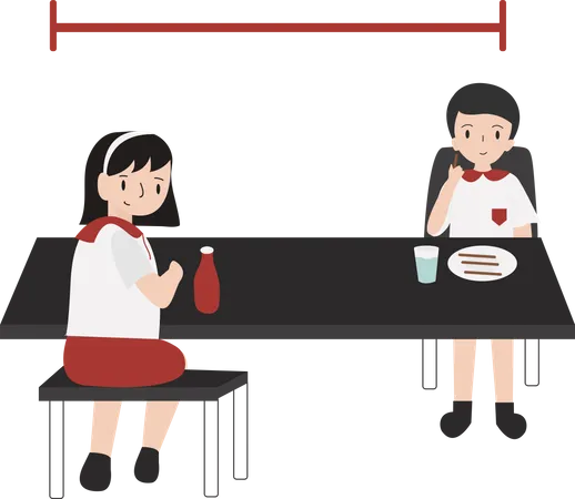 Student Eating With Social Distancing at Canteen Illustration