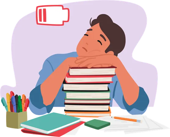 Exhausted Student Sprawls Over A Heap Of Books Embracing Sleep Amidst The Knowledge Fatigue Etched On Face Textbooks Forming A Makeshift Pillow In The Quest For Rest Cartoon Vector Illustration Illustration