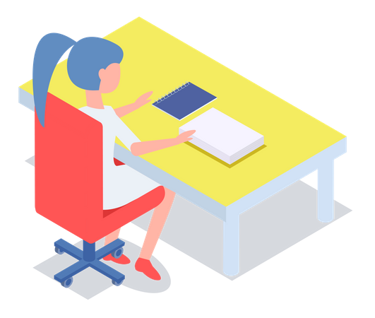 Student female in library reading book sitting at table  Illustration