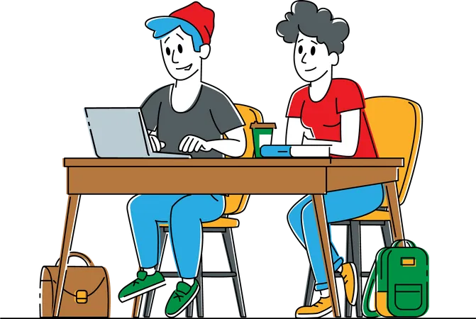 Couple Of Young Male And Female Students Characters Sitting At Desk In Classroom Listening And Writing Lecture Gaining Knowledge And Higher Education Examination Linear People Vector Illustration Illustration
