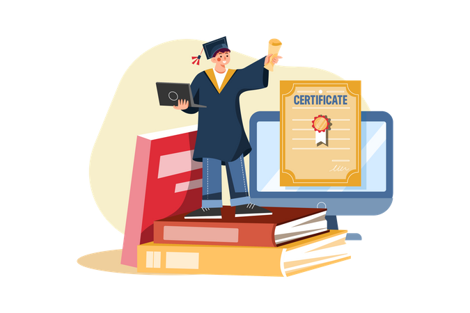 Student getting online degree certificate Illustration
