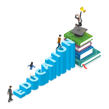 Education Flat Isometric Vector Concept People Are Climbing Into Graduation Cap That Is On The Pile Of Books They Do It Using Stairs That Made Of Letters Of The Word EDUCATION Illustration