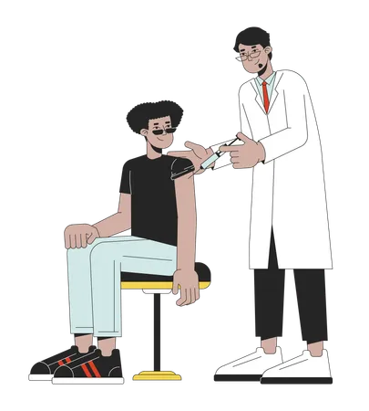 Vaccination Student Line Cartoon Flat Illustration Arab Doctor Vaccine Injecting Latino Man 2 D Lineart Characters Isolated On White Background Infection Control Hospital Scene Vector Color Image Illustration
