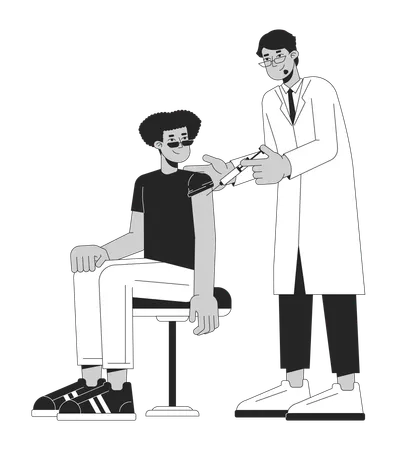 Vaccination Student Black And White Cartoon Flat Illustration Arab Doctor Vaccine Injecting Latino Man 2 D Lineart Characters Isolated Infection Control Hospital Monochrome Scene Vector Outline Image Illustration