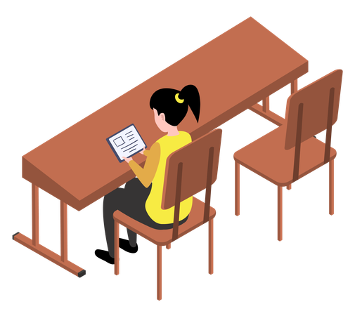 Student girl character in library reading book sitting at table  Illustration