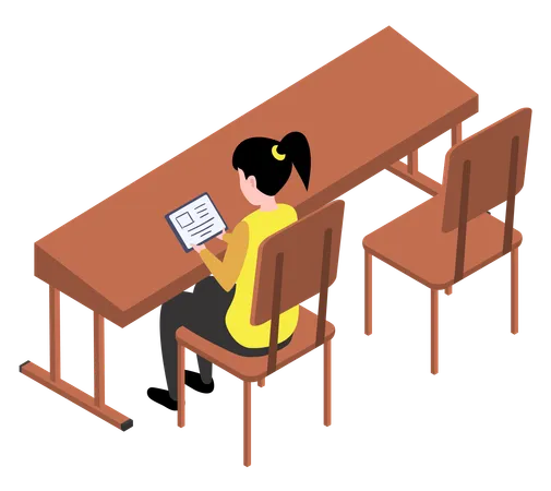 Student girl character in library reading book sitting at table  Illustration