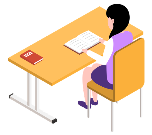 Student girl character in library reading book sitting at table  Illustration