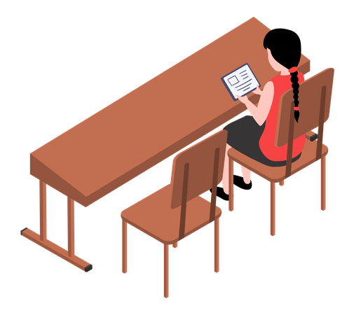 Student girl character in library reading book sitting at table  Illustration