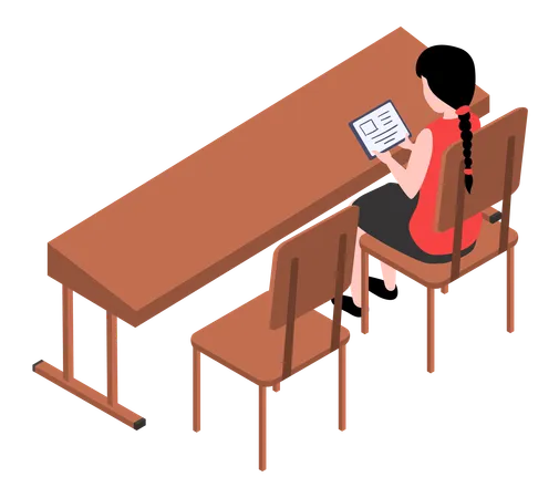 Student girl character in library reading book sitting at table  Illustration