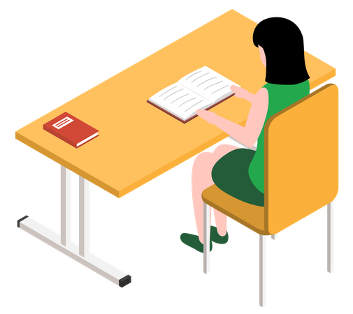 Student girl character in library reading book sitting at table  Illustration