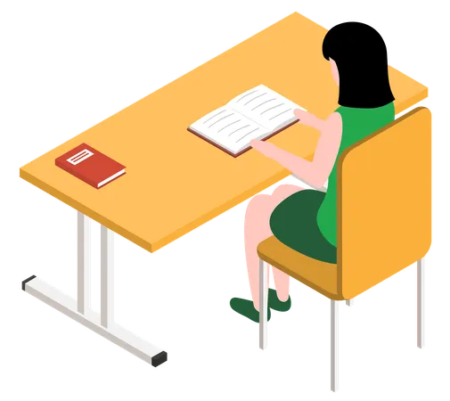 Student girl character in library reading book sitting at table  Illustration