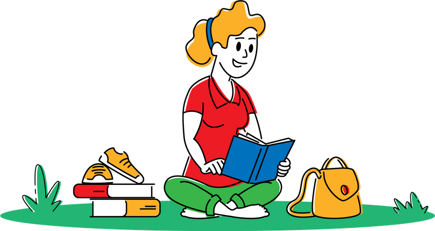 Student Girl Character Reading and Learning Illustration