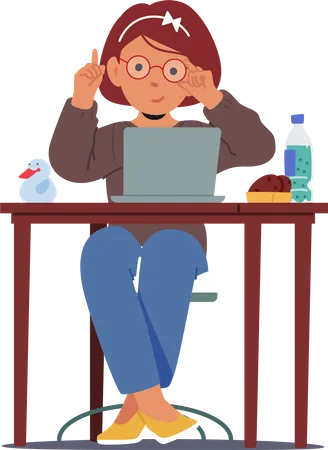 Smart And Focused Young Student Girl Character Wearing Glasses Seated At A Desk With A Laptop Confidently Pointing Upward With Finger Ready To Engage And Learn Cartoon People Vector Illustration Illustration