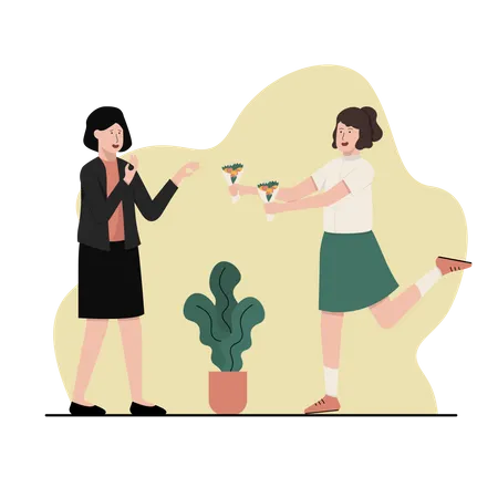 Student give flower to teacher on teachers day  Illustration