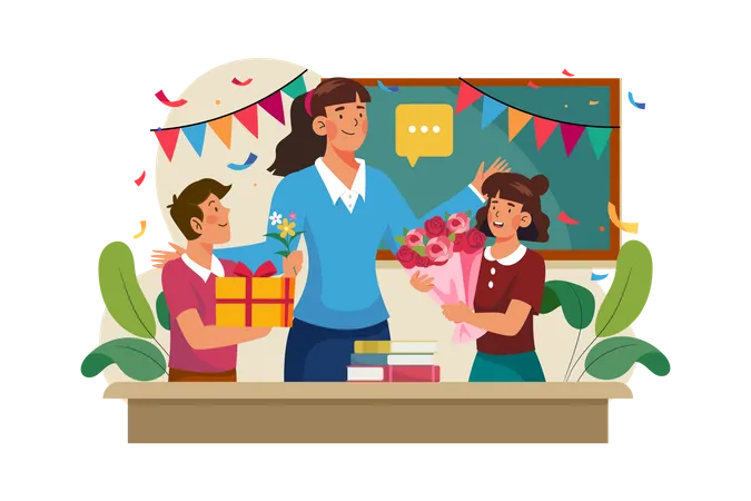 Student giving gift and flower bouquet to teacher on Teacher's Day Illustration