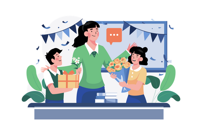 Student giving gift and flower bouquet to teacher on Teacher's Day Illustration