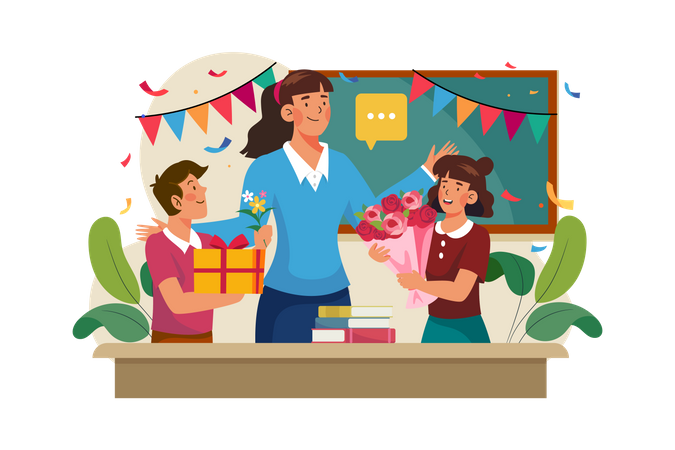 Student giving gift and flower bouquet to teacher on Teacher's Day  Illustration