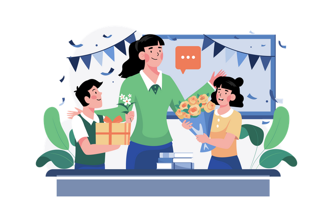 Student giving gift and flower bouquet to teacher on Teacher's Day  Illustration