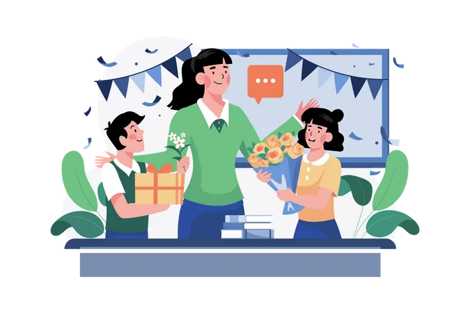 Student giving gift and flower bouquet to teacher on Teacher's Day  Illustration