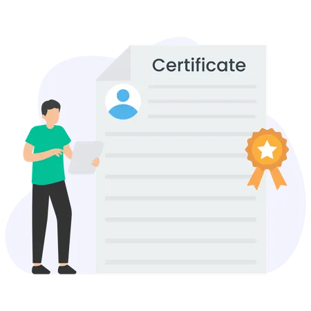 Student holding tablet presenting certificate with gold badge and star  Illustration