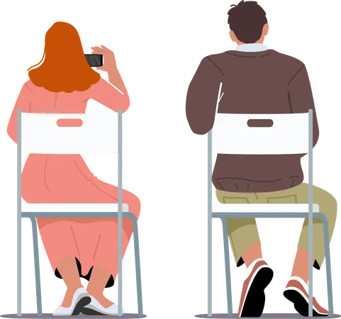People Sitting Back View Young Man And Woman Characters Sit On Chairs Photographing Or Making Notes Students Lecture Or Workshop Participants In University Or College Cartoon Vector Illustration Illustration