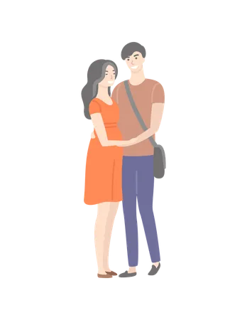 Cartoon Students In Love Male And Female Isolated Characters Flat Style Vector Guy With Bag Over Shoulder And Brunette Girl In Red Dress Teenage People Illustration