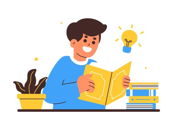 Illustrative Depiction Of A Young Boy Reading A Book With A Bright Light Bulb Above His Head Symbolizing A Moment Of Inspiration And Learning Illustration
