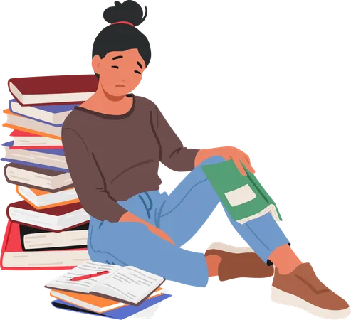 Exhausted And Disheartened Weary Student Character Slumps Amidst A Tower Of Books Drowning In Academic Stress Her Eyes Reflecting The Weight Of Endless Studying Cartoon People Vector Illustration Illustration