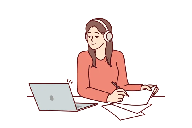 Woman With Laptop Sits At Table And Watches Training Webinar For Gaining New Skills And Makes Notes On Paper Attentive Girl In Headphones Using Laptop To Get Online Education At University Or College Illustration
