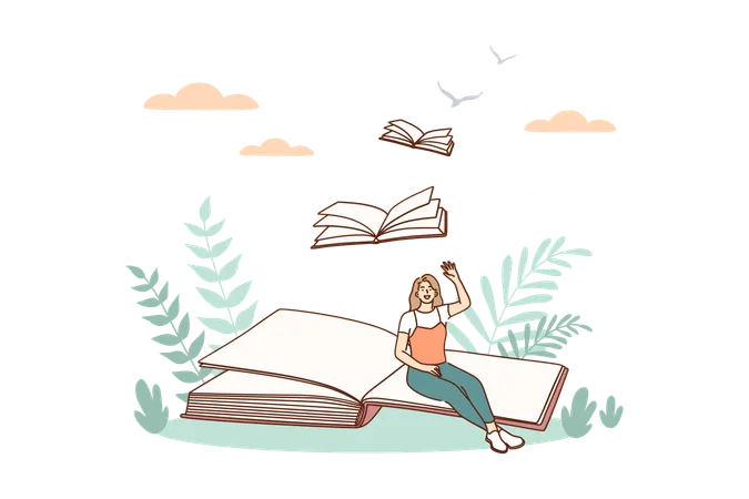 Creative Ideas And Books Message Concept Smiling Woman Cartoon Character Sitting On Open Book Page As Meaning Author Moral Idea And Hidden Information Vector Illustration Illustration