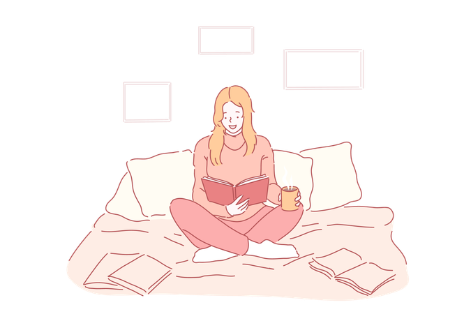 Student is reading while relaxing on bed  Illustration