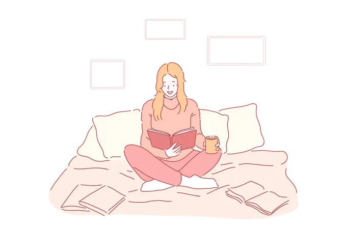 Hobby Leisure Comfort Concept Young Happy Woman Or Girl In A Good Mood Reading A Book In The Cosiness Of Drinking Tea Coffee Sweet Lady Is Getting Ready For The Exam Relax At Bedroom Flat Illustration