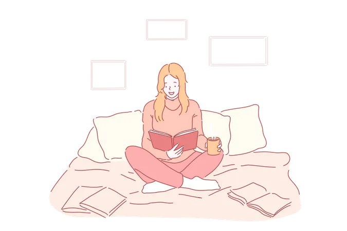 Student is reading while relaxing on bed  Illustration