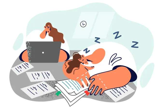 Tired Man Fell Asleep Doing Paperwork And Sitting At Table With Female Colleague Hardworking Girl With Laptop Looks Angrily At Lazy Subordinate Refusing To Do Paperwork And Perform Official Duties Illustration