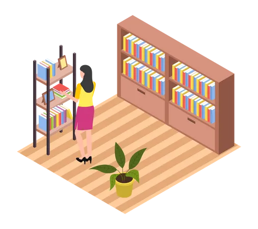 Student Taking Book At Library Vector Icon Bookcase Female Person Study At School College Or University Reading Room Girl At Bookstore Standing Near Bookshelf With Stacks Of Books Isolated On White イラスト