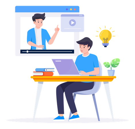 Student learning online from video  Illustration
