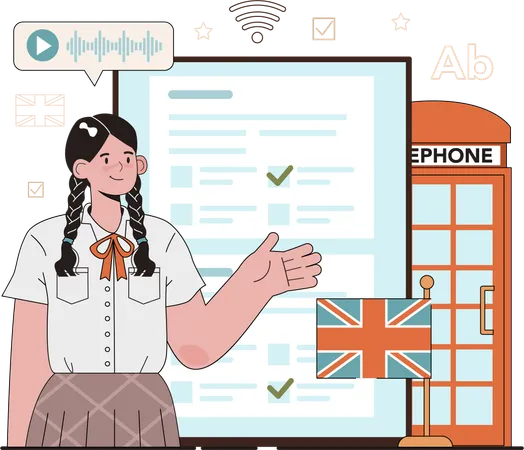 Student learns English from online course  Illustration