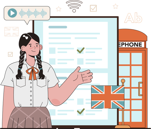 Student learns English from online course  Illustration
