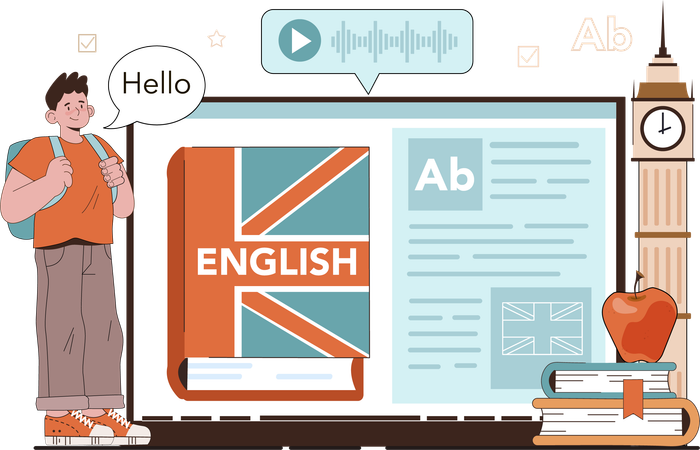 Student learns online English  Illustration