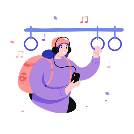 Student listening to music on the subway Illustration