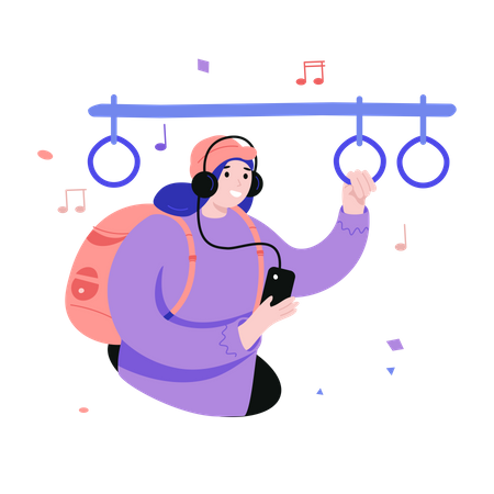 Student listening to music on the subway  Illustration