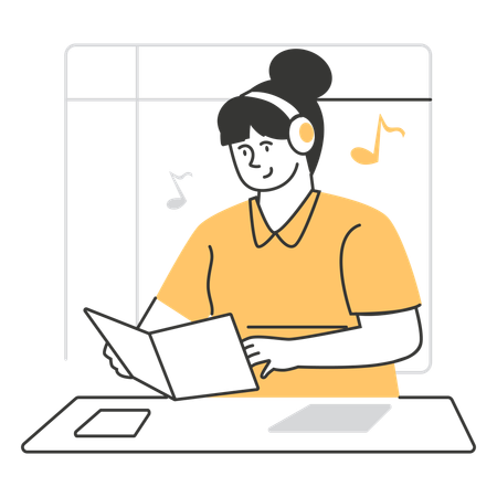 勉強しながら音楽を聴く学生  イラスト